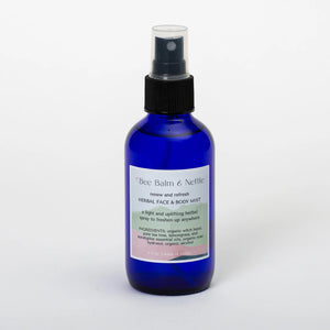 Bee Balm and Nettle herbal face and body mist in glass cobalt blue bottle with sprayer