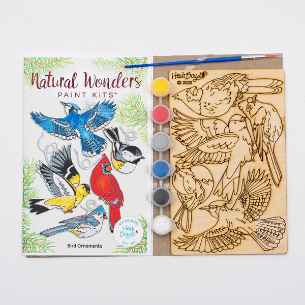 Painted bird ornament kit includes instructional booklet, six paints, paintbrush, and wooden birds