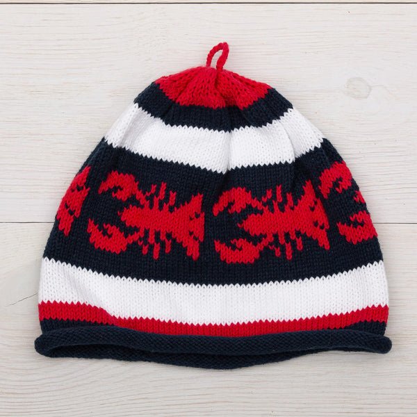 Baloo Baleerie knit striped hat in red, white, and navy with red lobster design around the  middle navy stripe