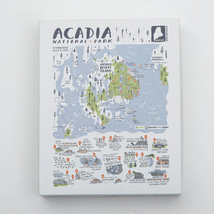 Brainstorm boxed Acadia National Park map puzzle in white, light green, and light blue with area doodles of points of interest marked with information