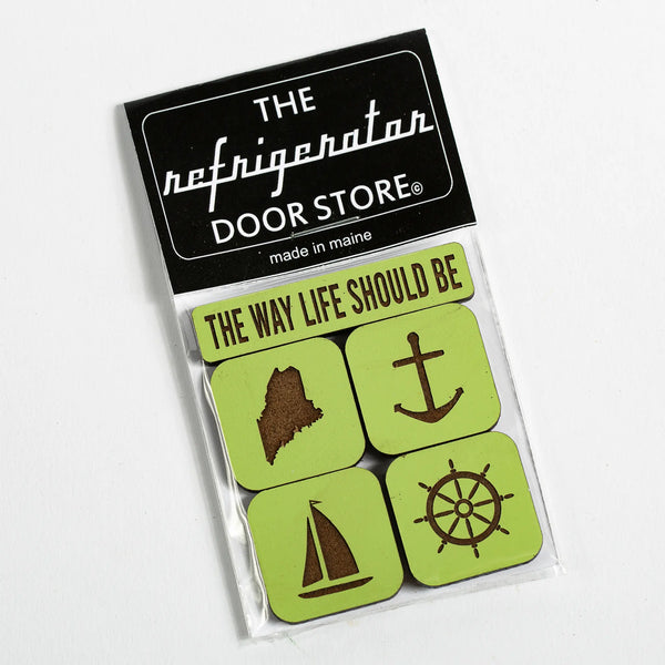 163 Design Company The Way Life Should Be magnet set includes 5 piece painted green wood magnets word The Way Life Should Be, state of Maine, anchor, ships wheel, and sailboat