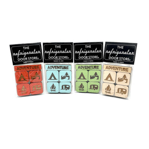 Wooden adventure magnet set by 163 Design Company featuring colorful outdoor-themed magnetic pieces on a white background.