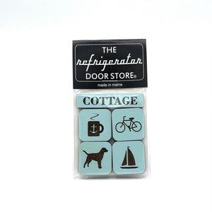 Set of cottage-shaped wooden magnets in baby blue from 163 Design Company, perfect for fridge decor or magnetic displays.