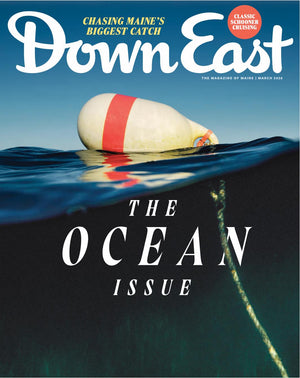 Magazine cover of 'Down East' with a buoy on water and text about Maine's biggest catch.