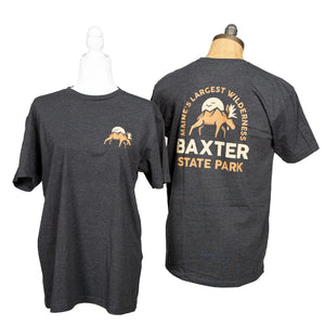 Baxter Moose T-Shirt by Bckwds Design Company featuring a graphic of a moose on a casual black T-shirt.
