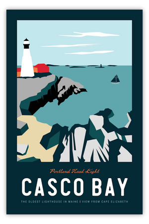 Vintage-style travel poster featuring Casco Bay, produced by Sperry General Store, with scenic coastal illustration and retro design.