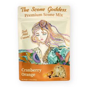 Cranberry orange scone mix by The Scone Goddess, showing a package with fresh cranberries and orange zest ingredients.
