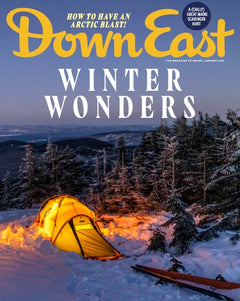 Cover of Down East Magazine January 2026 issue featuring scenic coastal imagery and magazine title text.