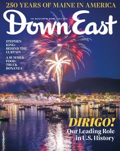 Cover of Down East Magazine July 2026 issue featuring scenic coastal imagery and magazine title text.