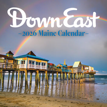 Down East Maine scenic wall calendar featuring coastal landscapes and lighthouse images, perfect for home or office decor.