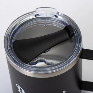 Down East insulated camper mug by Down East Products, featuring a stainless steel body and a black plastic lid for hot beverages.