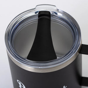 Down East insulated camper mug by Down East Products showing a stainless steel mug with a handle and insulated design for hot beverages.