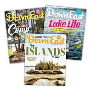 Image of a Down East Magazine gift subscription card featuring Maine-themed artwork and subscription details.