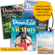 Down East Magazine subscription planner with brand logo and sample pages, featuring a clean, organized layout and outdoor-themed design.