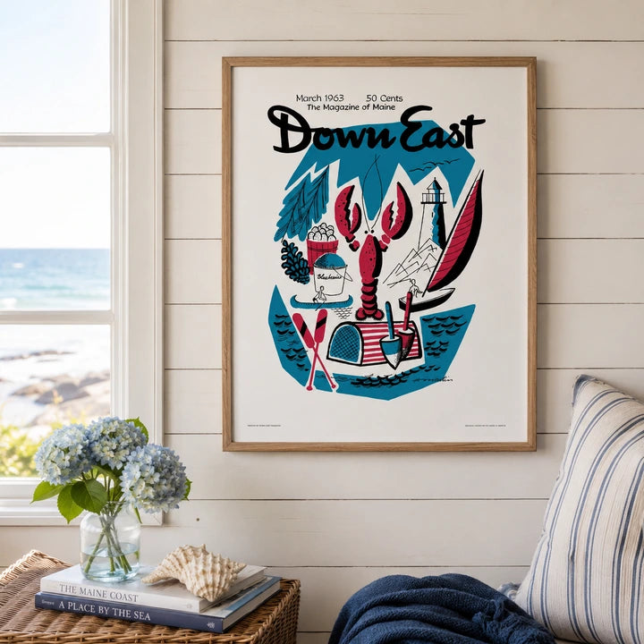 Vintage Down East Magazine cover poster from March 1963, featuring classic maritime artwork and historic design.