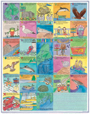 Colorful ABCs of Maine poster by Festive Fish featuring vibrant illustrations of Maine wildlife and landmarks.