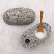 Beach stone salt cellar by Funky Rock Designs, natural stone container with a lid for storing salt or spices.