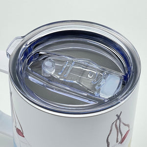 Muddy Dog watercolor design insulated mug with Monhegan buoys pattern and lid, perfect for hot or cold beverages.