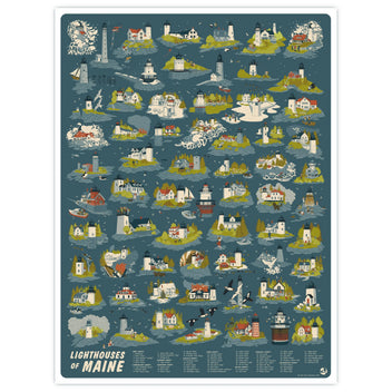 Jada Fitch Lighthouses of Maine poster featuring detailed illustrations of iconic Maine lighthouse scenes and coastal landscapes.