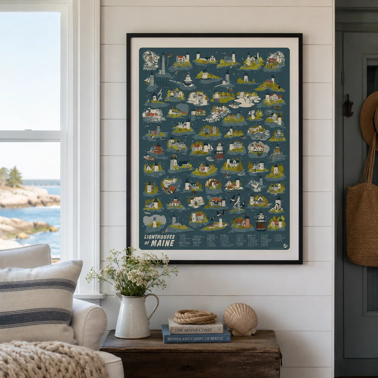 Maine lighthouse poster featuring Jada Fitch's artwork of iconic Maine lighthouses on a scenic background.