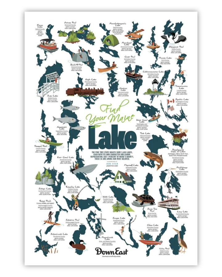 Maine Lakes poster by Down East Posters featuring a scenic depiction of serene lakes and surrounding nature.