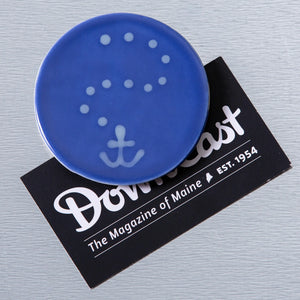 Deep blue ceramic anchor magnet by Lola Arts, featuring intricate design and glossy finish, perfect for decorative or magnetic displays.