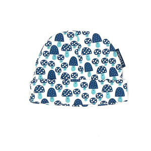 Baby hat with navy mushroom pattern on a white background