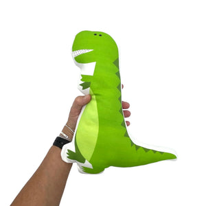 Completed Nickwilljack Cut & Sew T-Rex Kit featuring a green fabric T-Rex dinosaur with detailed sewing stitches.