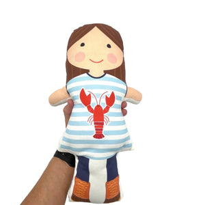 Finished Nickwilljack Cut & Sew Lobster Girl doll kit featuring a girl figure holding a detailed lobster in a realistic sewing craft style.