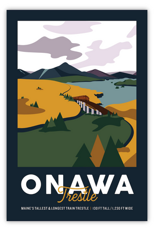 Vintage-style travel poster featuring Onawa, designed by Sperry General Store, with scenic landscape and retro artistic elements.