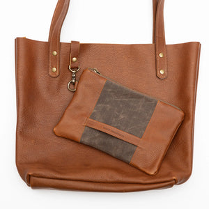 Brown Fore Street Leather Tote Bag by Rogue Industries with matching clutch, stylish and spacious for everyday use.