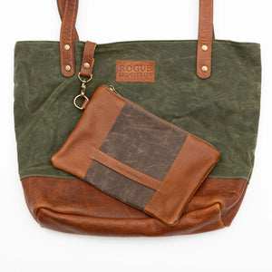 Green Rogue Industries Saco River Tote Bag with matching clutch, featuring durable fabric and spacious interior for everyday use.