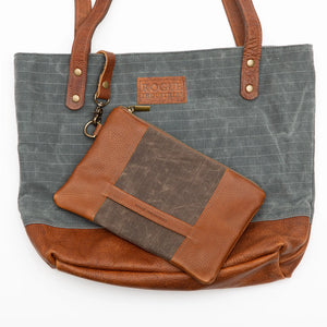 Rogue Industries Saco River Tote Bag with matching clutch, made of durable fabric, featuring a spacious main compartment and shoulder straps.