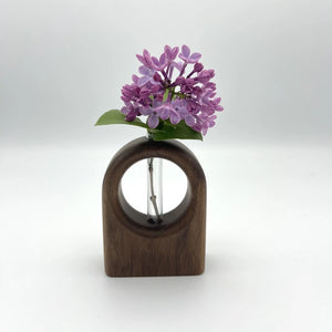 Walnut Arch Bud Vase by S.E. Hall Furniture, featuring a sleek curved design perfect for floral arrangements.