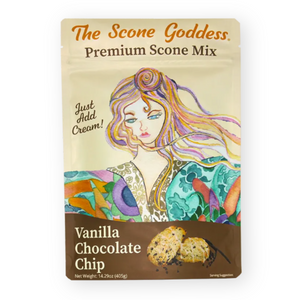 Vanilla chocolate chip scone mix from The Scone Goddess with visible vanilla beans and chocolate chips in a baking package.