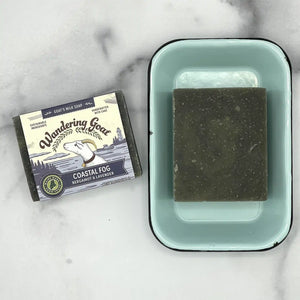 Wandering Goat Coastal Fog goat milk soap bar with creamy texture and natural packaging, showcasing a soothing coastal-inspired design.