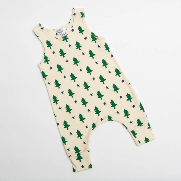 Baloo Baleerie child's cream romper with green pine trees and navy stars repeated design and 2 snap closure on both shoulders