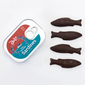tinned chocolate sardines can with 4 chocolate sardines