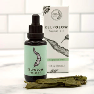 Cold Current Kelp KelpGlow Facial Oil bottle, fragrance-free skincare product with sleek packaging and clear label.