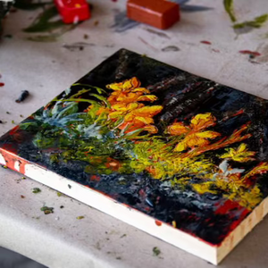 Encaustic landscape painting created by Doreen at Down East Adventures Encaustic Workshop showing vibrant colors and textured details