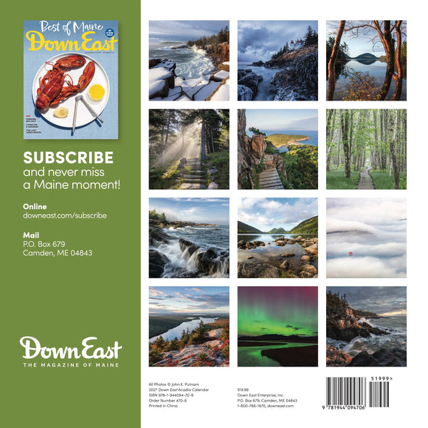 Down East Calendar Acadia Wall Calendar 2027 featuring scenic coastal images and monthly grid layout, ideal for home or office decor.