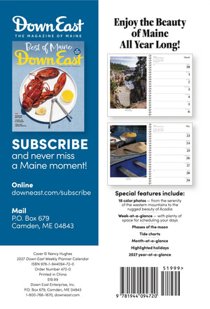 Down East Calendar Maine Weekly Planner Calendar 2027, showing the back cover with calendar pages and design elements.