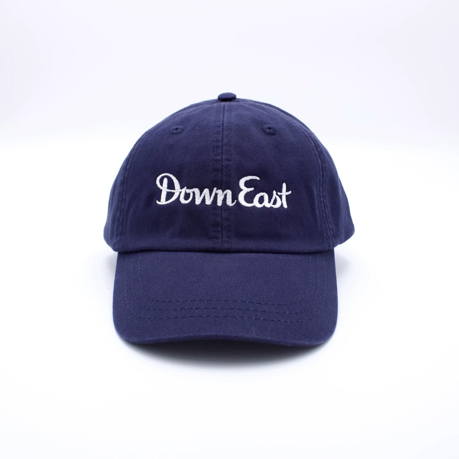 Navy Down East hat with a curved brim and adjustable strap, featuring the Down East Products logo on the front.