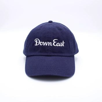 Navy Down East hat with front view, stylish casual accessory from Down East Products, featuring a classic brim design.