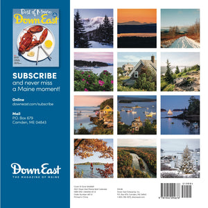Maine Down East Wall Calendar 2027 featuring scenic coastal images, with pages and binding visible on the back.