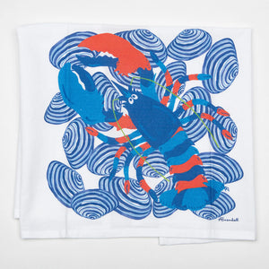 Festive Fish lobster flour sack tea towel featuring a midnight lobster design with clams, perfect for kitchen decor.