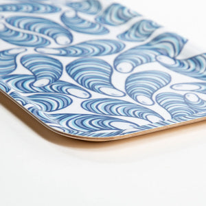 Small Birch Tray by Festive Fish featuring a blue design with mussel illustrations, perfect for serving snacks or appetizers.