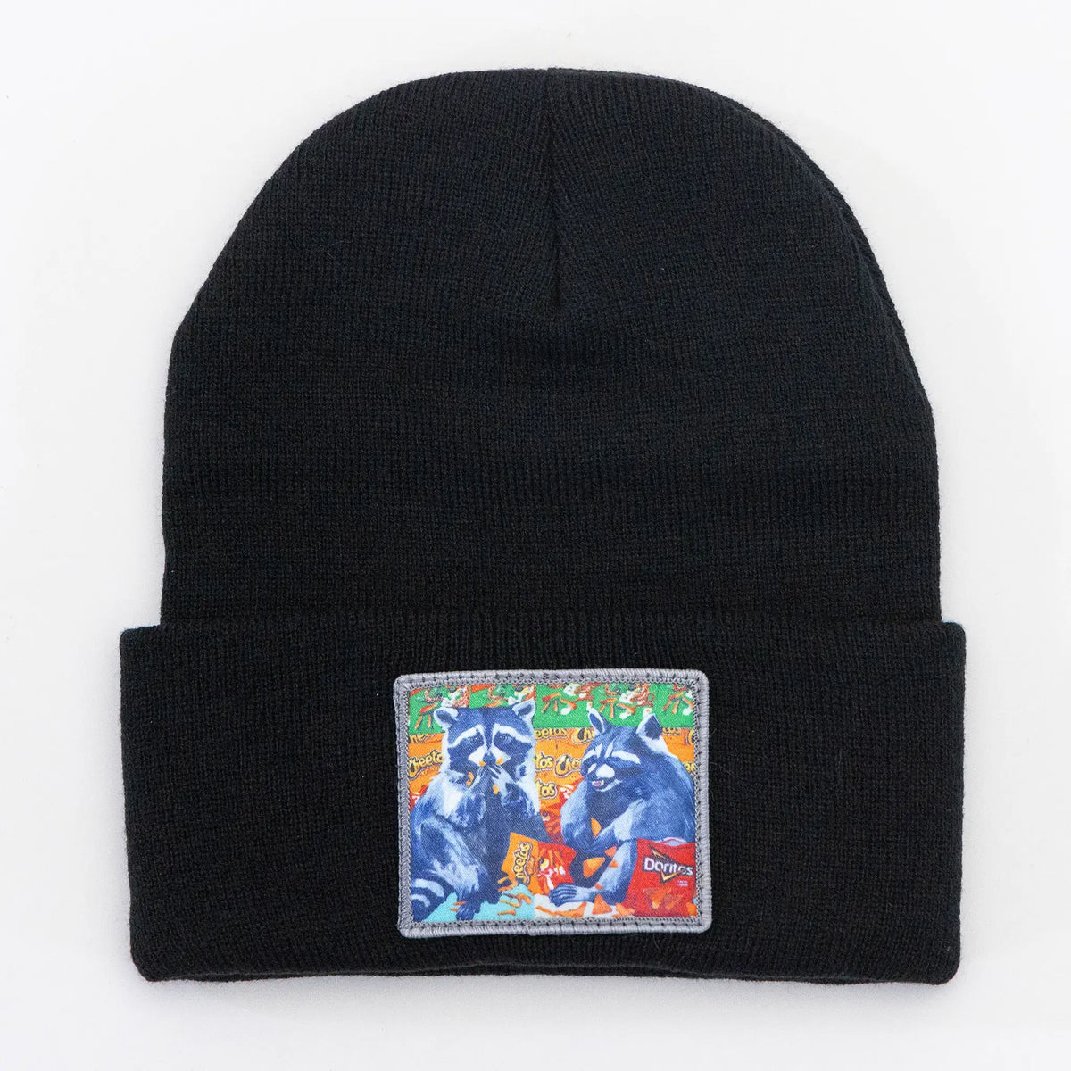 FYN Junk Food Bandits Beanie in vibrant colors, featuring playful graphic design, worn as a stylish knit hat for casual wear