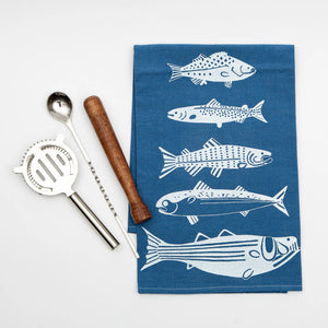 Screen-printed Maine fish bar towel by Four + North featuring nautical fish design on absorbent cotton fabric.