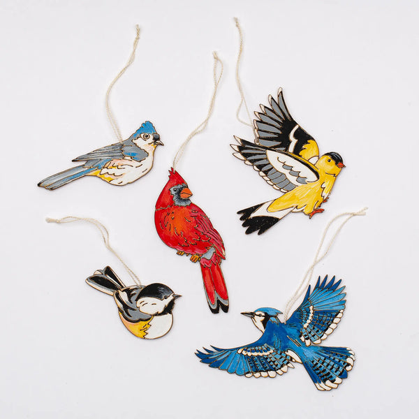 Finished examples of the ornament kit include a cardinal, nuthatch, bluejay, titmouse, and goldfinch